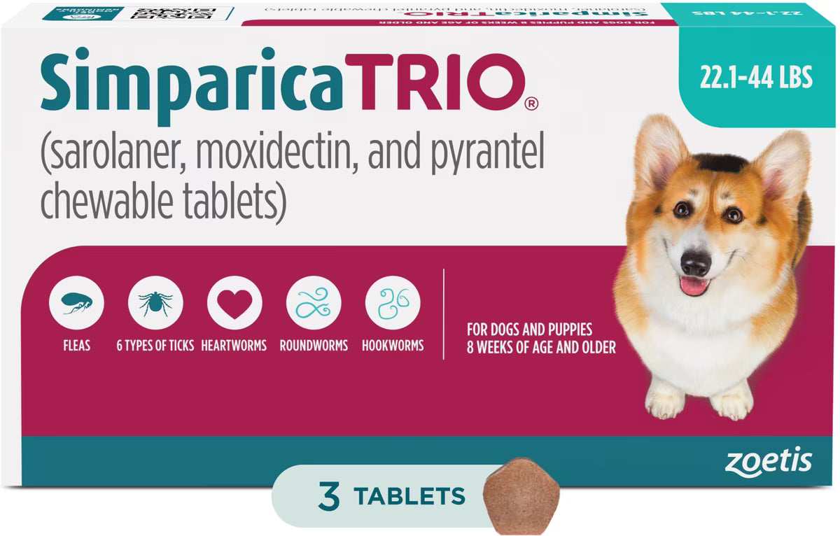 Simparica Trio Chewable Tablet for Dogs, 22.1-44.0 lbs, (Teal Box), 3 Chewable Tablets (3-mos. supply)