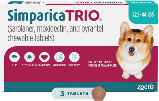 Simparica Trio Chewable Tablet for Dogs, 22.1-44.0 lbs, (Teal Box), 3 Chewable Tablets (3-mos. supply)