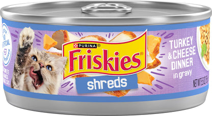 Wet Cat Food Friskies Savory Shreds Turkey & Cheese Dinner in Gravy Canned Cat Food, 5.5-oz can, case of 24