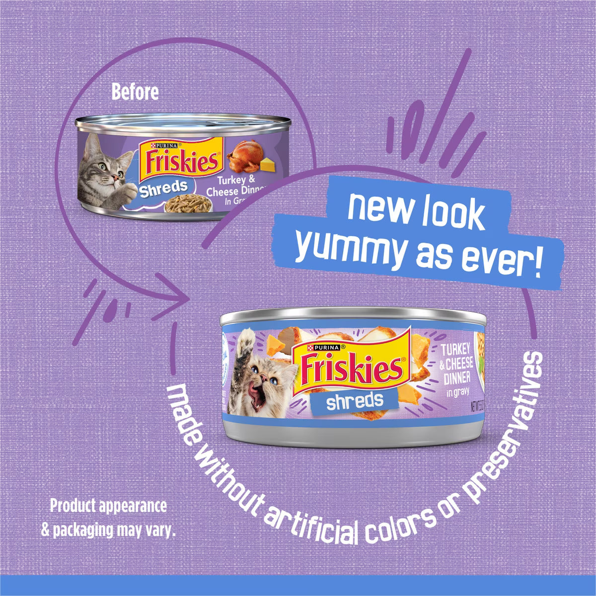 Wet Cat Food Friskies Savory Shreds Turkey & Cheese Dinner in Gravy Canned Cat Food, 5.5-oz can, case of 24