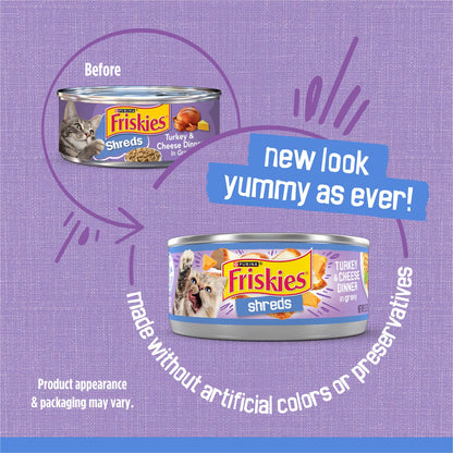 Wet Cat Food Friskies Savory Shreds Turkey & Cheese Dinner in Gravy Canned Cat Food, 5.5-oz can, case of 24