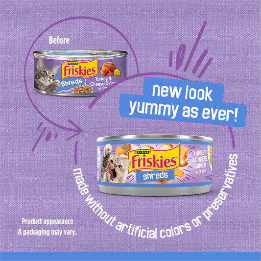 Wet Cat Food Friskies Savory Shreds Turkey & Cheese Dinner in Gravy Canned Cat Food, 5.5-oz can, case of 24