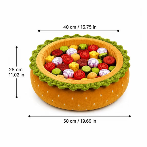 Burger Ball Pit Bed for Dogs with plush toys