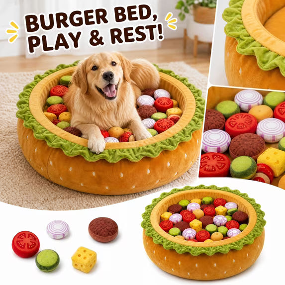Burger Ball Pit Bed for Dogs with plush toys