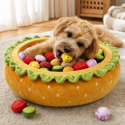 Burger Ball Pit Bed for Dogs interactive puzzle cushion