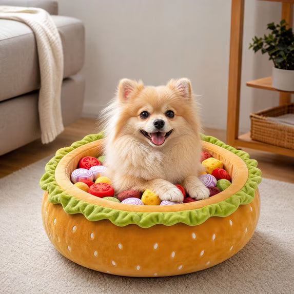 Burger Ball Pit Bed for Dogs with plush toys