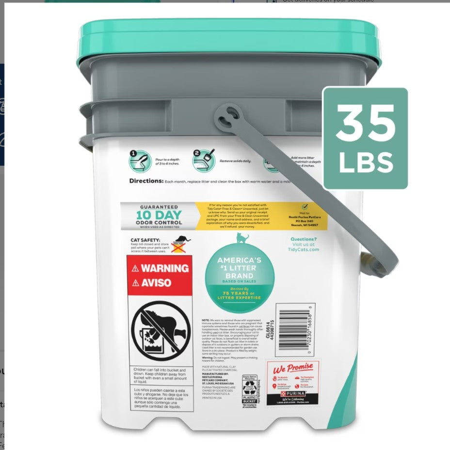 Tidy Cats Free & Clean Unscented Clumping Clay Cat Litter, 35-lb pail