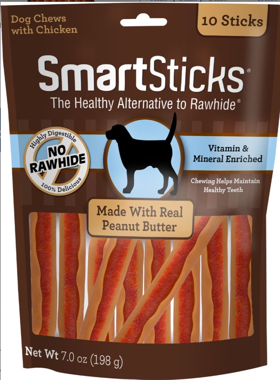 SmartBones SmartSticks Real Peanut Butter Hard Dog Chew Treats, 10 count