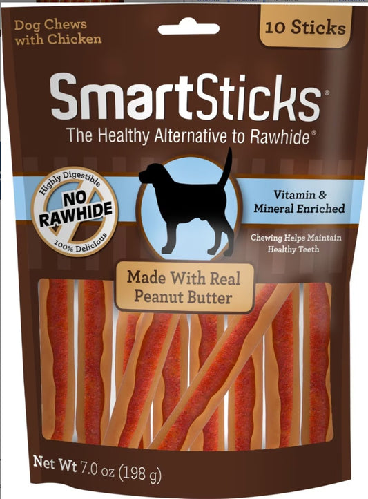 SmartBones SmartSticks Real Peanut Butter Hard Dog Chew Treats, 10 count