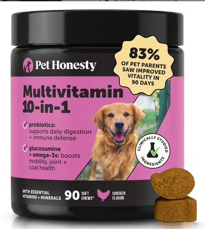 Pet Honesty 10-in-1 Multivitamin with Probiotics, Glucosamine & Omega-3 Chicken Flavored Soft Chews Vitamins & Supplements for Dogs