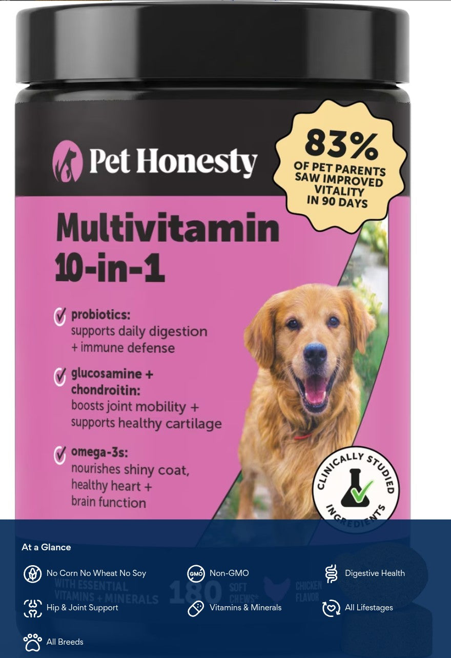 Pet Honesty 10-in-1 Multivitamin with Probiotics, Glucosamine & Omega-3 Chicken Flavored Soft Chews Vitamins & Supplements for Dogs