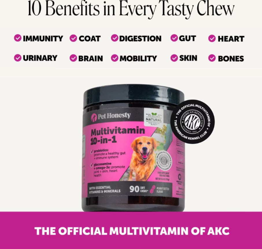 Pet Honesty 10-in-1 Multivitamin with Probiotics, Glucosamine & Omega-3 Chicken Flavored Soft Chews Vitamins & Supplements for Dogs