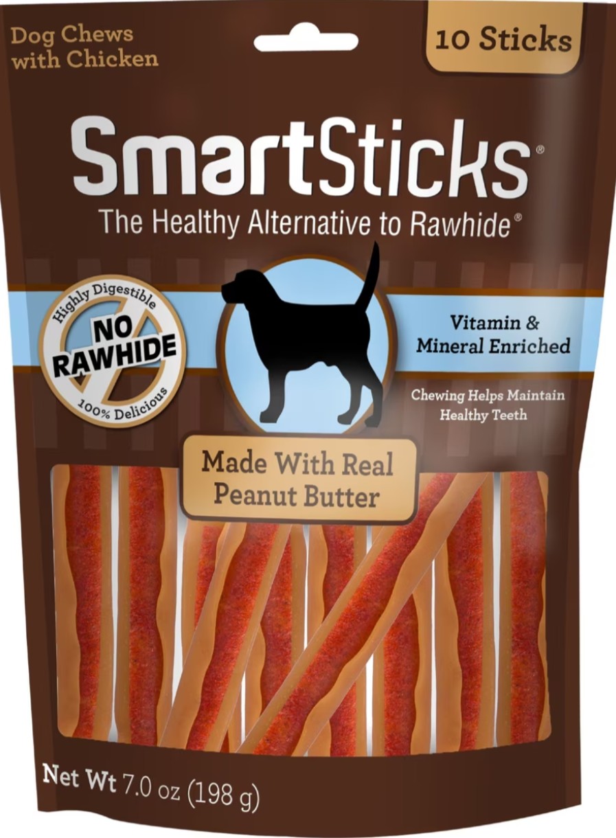 SmartBones SmartSticks Real Peanut Butter Hard Dog Chew Treats, 10 count