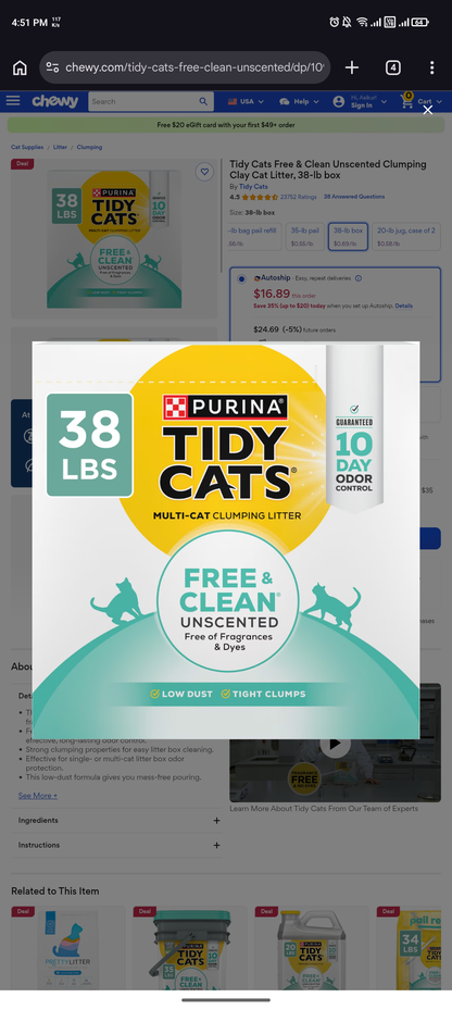 Tidy Cats Free & Clean Unscented Clumping Clay Cat Litter, 35-lb pail