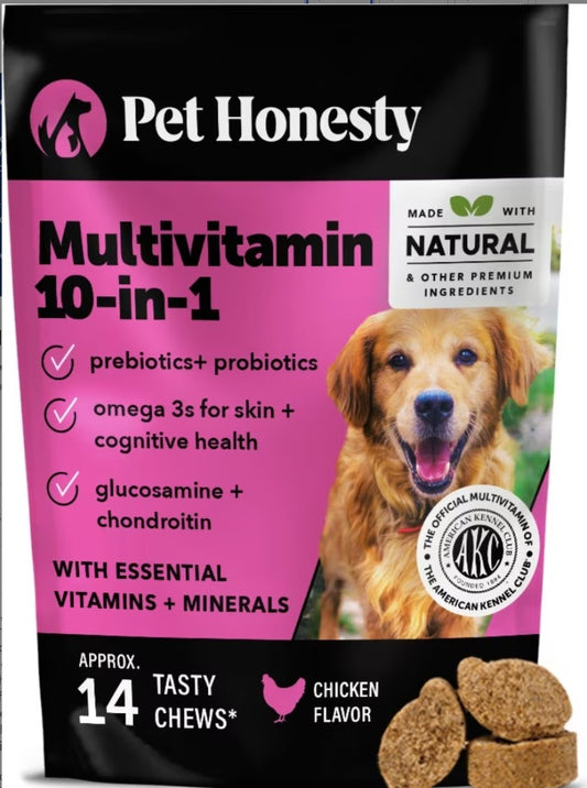 Pet Honesty 10-in-1 Multivitamin with Probiotics, Glucosamine & Omega-3 Chicken Flavored Soft Chews Vitamins & Supplements for Dogs