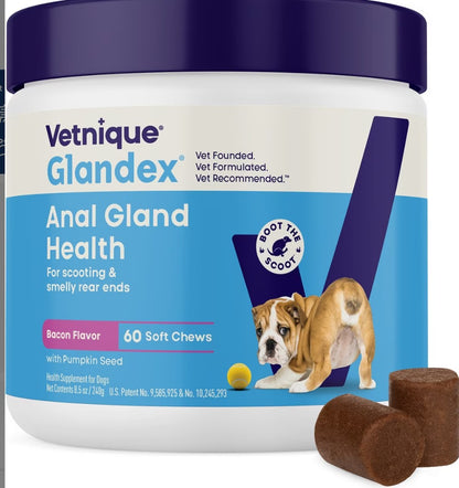 Vetnique Labs Glandex Anal Gland Support Soft Chews with Pumpkin, Digestive Enzymes, Probiotics & Fiber Boot the Scoot Bacon Flavored Supplement for Dogs