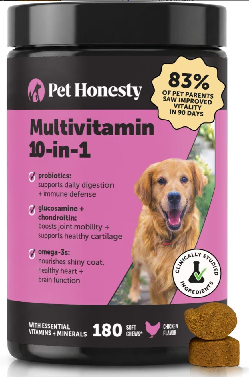 Pet Honesty 10-in-1 Multivitamin with Probiotics, Glucosamine & Omega-3 Chicken Flavored Soft Chews Vitamins & Supplements for Dogs