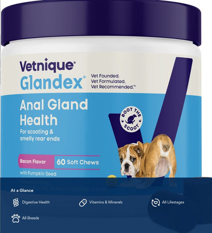 Vetnique Labs Glandex Anal Gland Support Soft Chews with Pumpkin, Digestive Enzymes, Probiotics & Fiber Boot the Scoot Bacon Flavored Supplement for Dogs