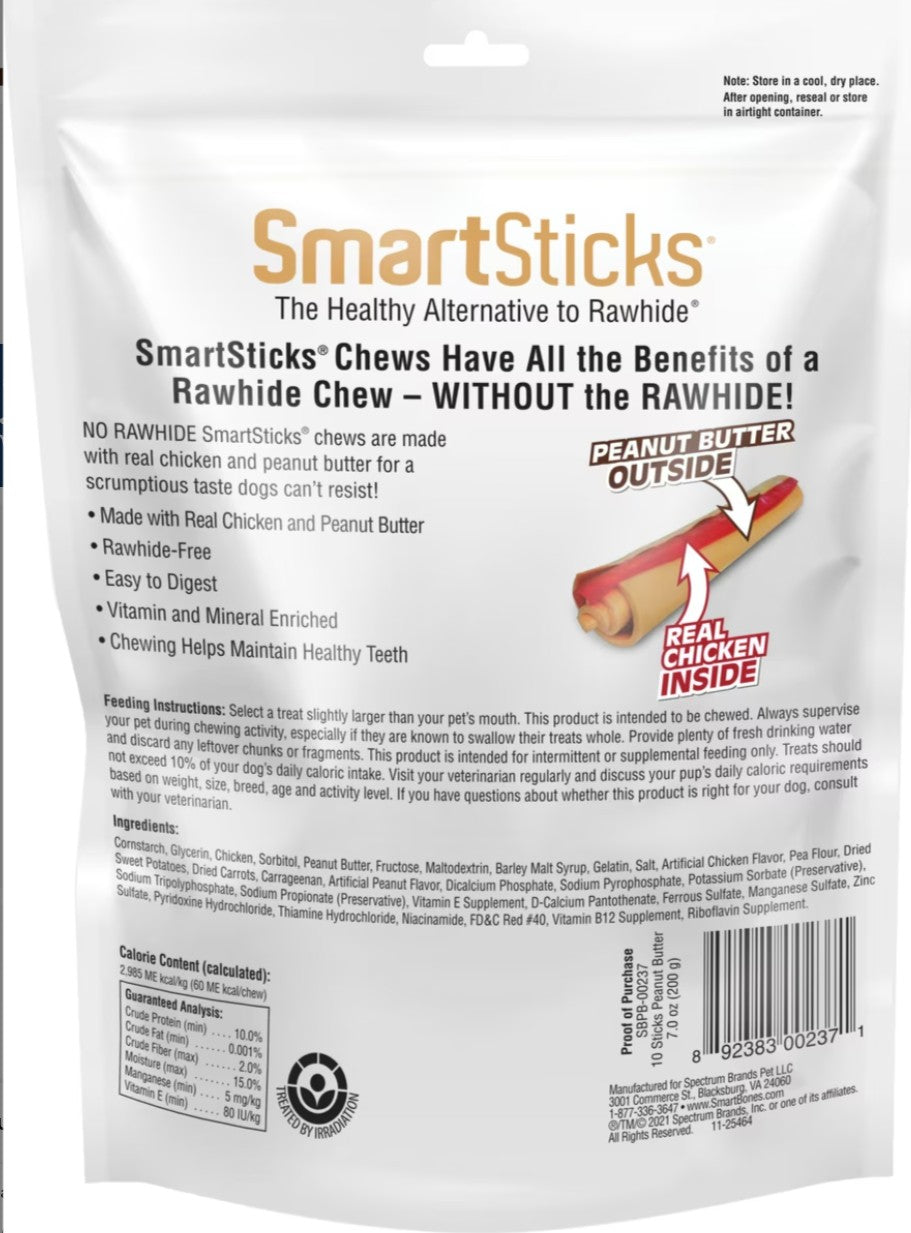 SmartBones SmartSticks Real Peanut Butter Hard Dog Chew Treats, 10 count