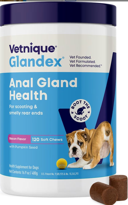 Vetnique Labs Glandex Anal Gland Support Soft Chews with Pumpkin, Digestive Enzymes, Probiotics & Fiber Boot the Scoot Bacon Flavored Supplement for Dogs