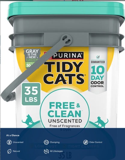 Tidy Cats Free & Clean Unscented Clumping Clay Cat Litter, 35-lb pail