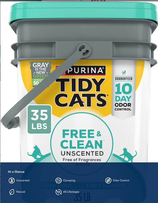 Tidy Cats Free & Clean Unscented Clumping Clay Cat Litter, 35-lb pail